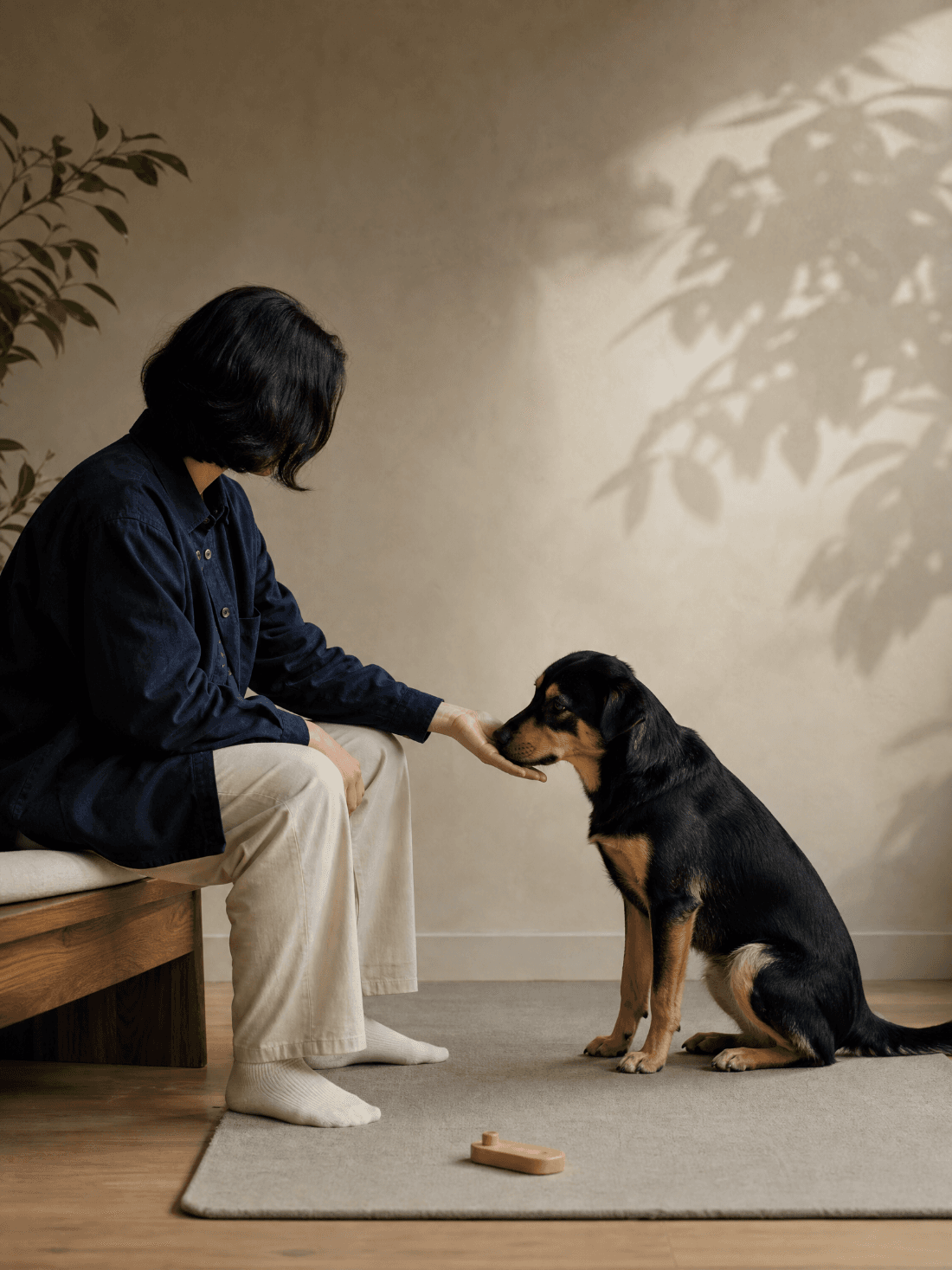 Handler guiding a dog through a calm hand-target attention exercise