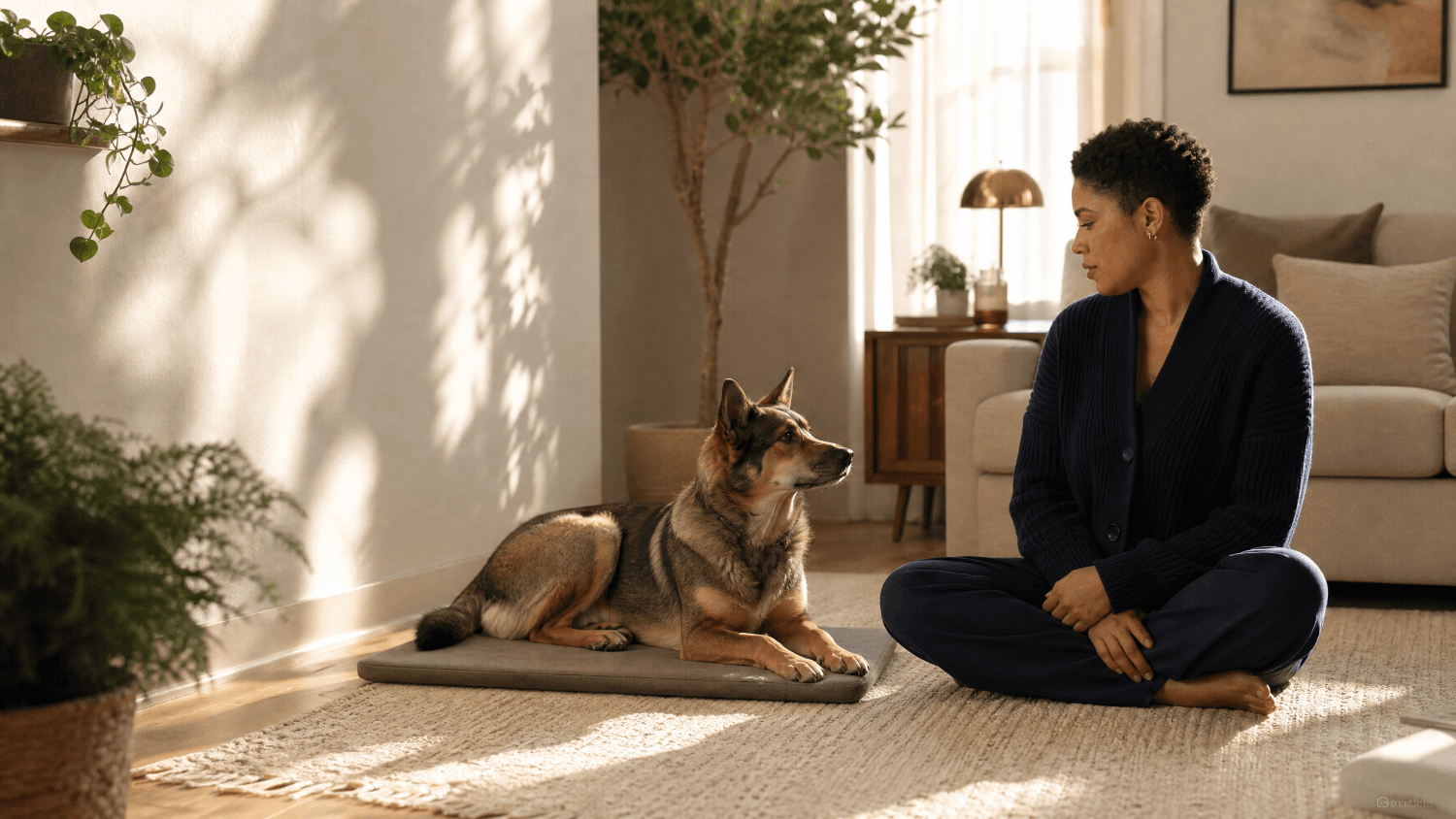 Handler practicing a quiet indoor settle with a dog on a mat